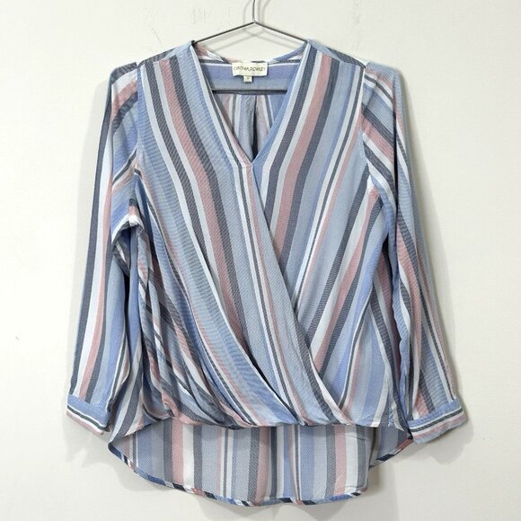 CYNTHIA ROWLEY Blouse Sz S Striped Rayon Faux Wrap V-Neck High Low Long Sleeve - Picture 1 of 13